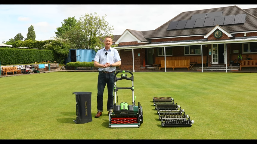 Load video: Allett MD Austin Jarrett talks you though the Allett Stirling and how it could be the perfect battery powered interchangeable cartridge cylinder mower for your bowls clubs volunteers Quiet, lightweight and easy to manoeuvre around the green for  elderly volunteers